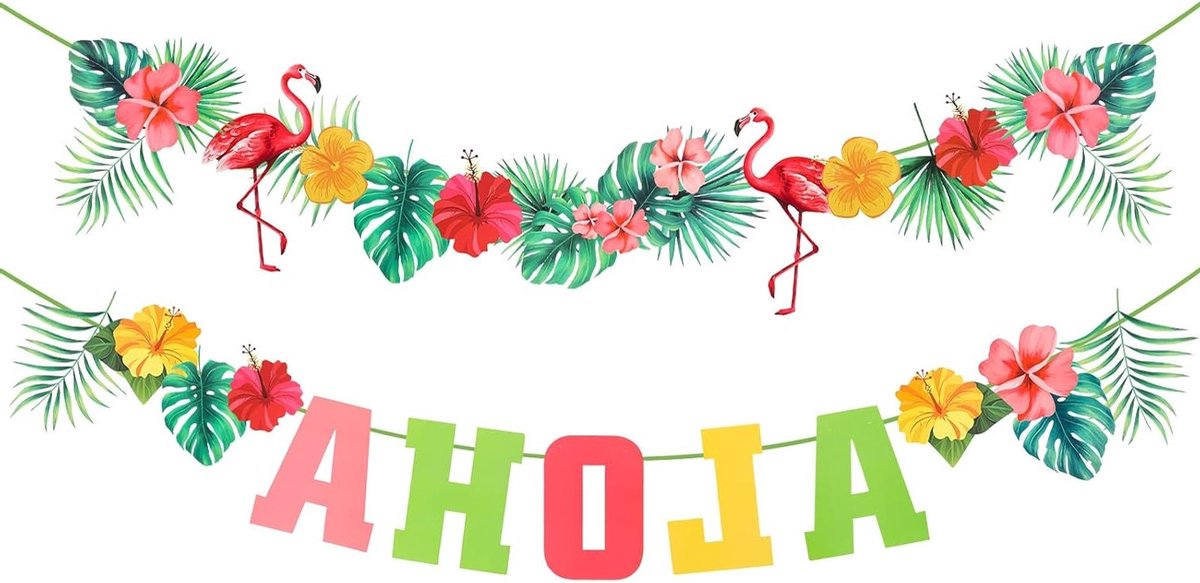 Tropische Bunting Banner voor ALOHA Feestdecoraties met Flamingo's en Palmbladeren voor Zomer Pool Luau Thema