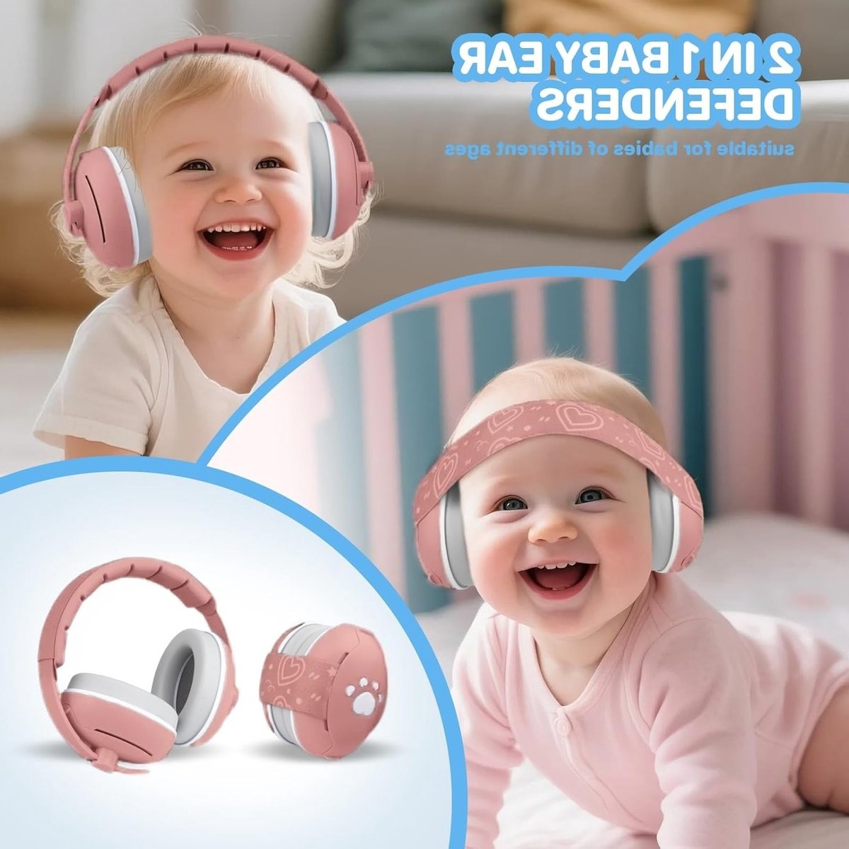 2-in-1 Oorkappen voor Baby's, 25 dB Geluidsbescherming, Geluiddempende Hoofdtelefoon voor Kinderen, Ideaal voor Geluidsisolatie en Comfort tot 48 Maanden