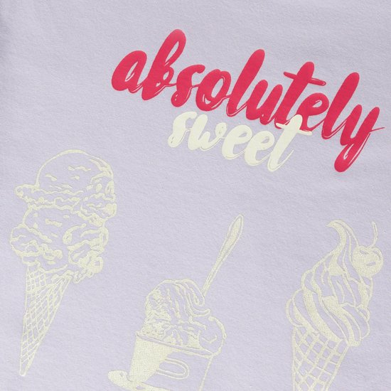 Detail van lichtpaarse meisjes T-shirt met opdruk van ijshoorntjes en tekst 'absolutely sweet'.