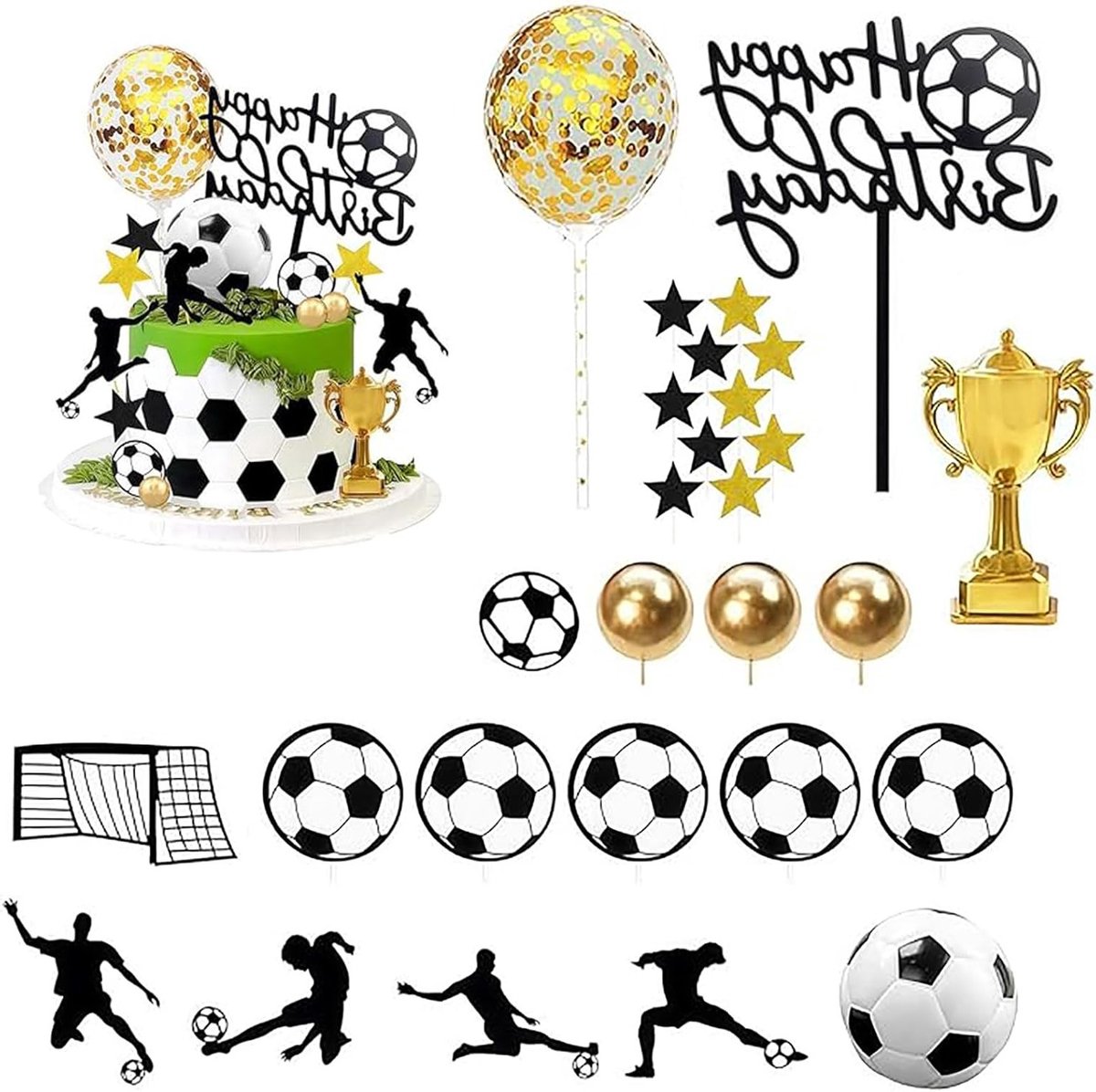 Voetbal taartdecoratie set van 28 stuks met spelers en taarttoppers voor voetbalfeestjes en verjaardagen