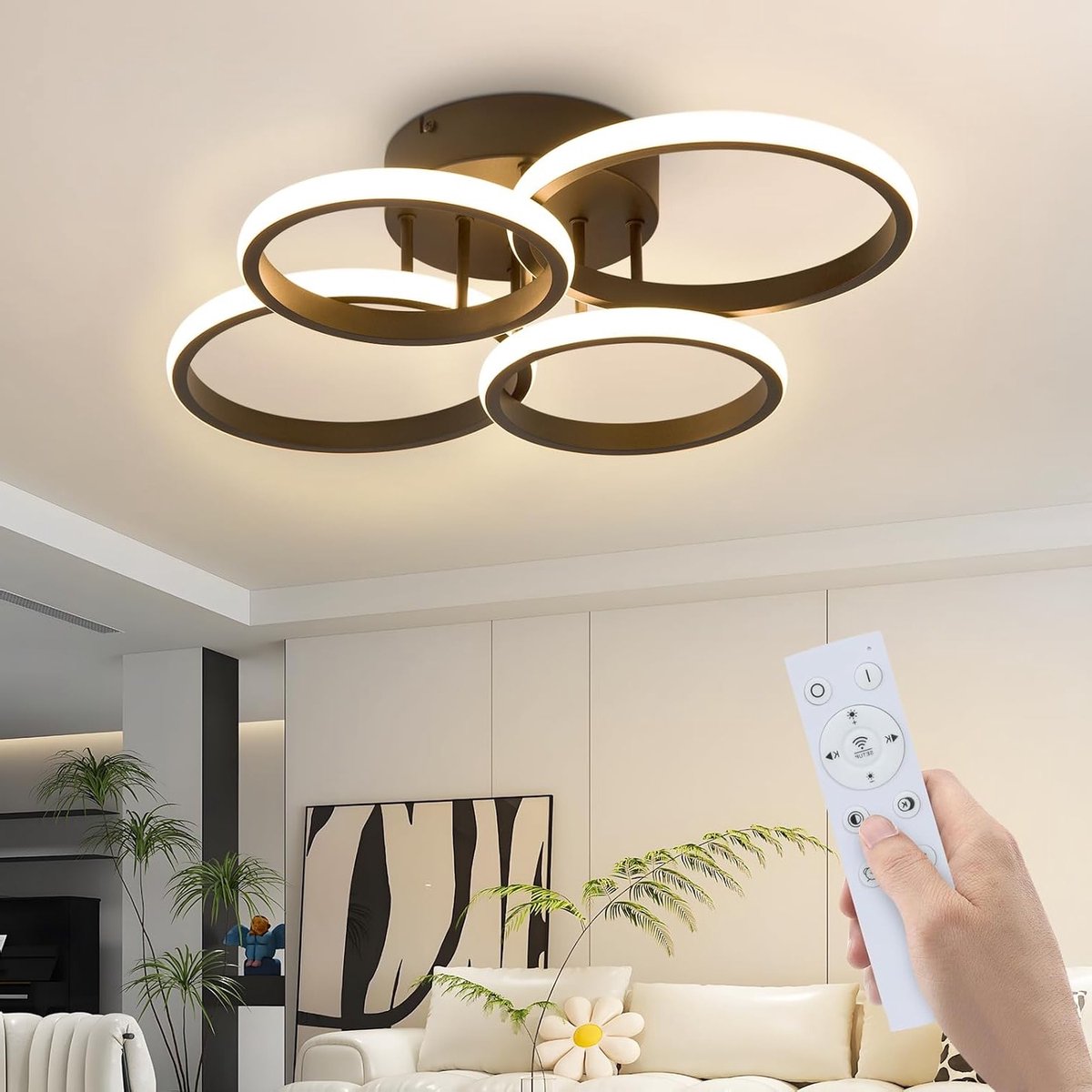 Moderne dimbare zwarte plafondlamp voor woonkamer, 48W designlamp voor slaapkamer, 55cm keukenverlichting met vier ringen en afstandsbediening