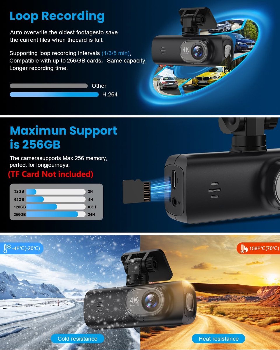 Dashcam - Dashcam voor auto - Dashcam 4K Voorzijde - Ultra HD - Mini Autocamera - APP Bediening - Ingebouwde Wi-Fi & G-sensor - 24-uurs Parkeermodus, Nachtzicht, WDR, Loopopname, Ondersteuning voor maximaal 256 GB – foto 6