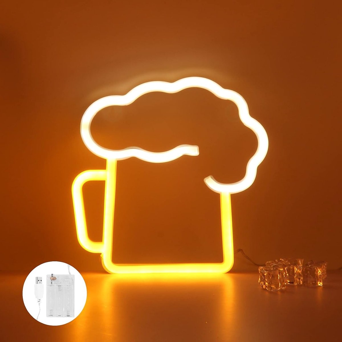 LED Neon Licht Signaal Bier 3D Wanddecoratie met Batterij of USB Voeding voor Bars, Cafés en Feestjes - Wit en Geel Neon Verlichting