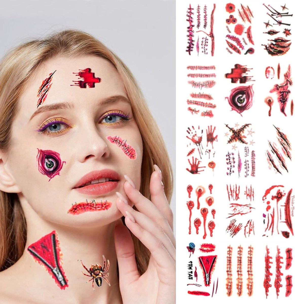 Halloween Tattoo en Scar Stickers voor Kostuum Make-up, Waterdichte Tatoeages en Horror Decoratie voor Feestjes en Maskerades, 30 Vellen