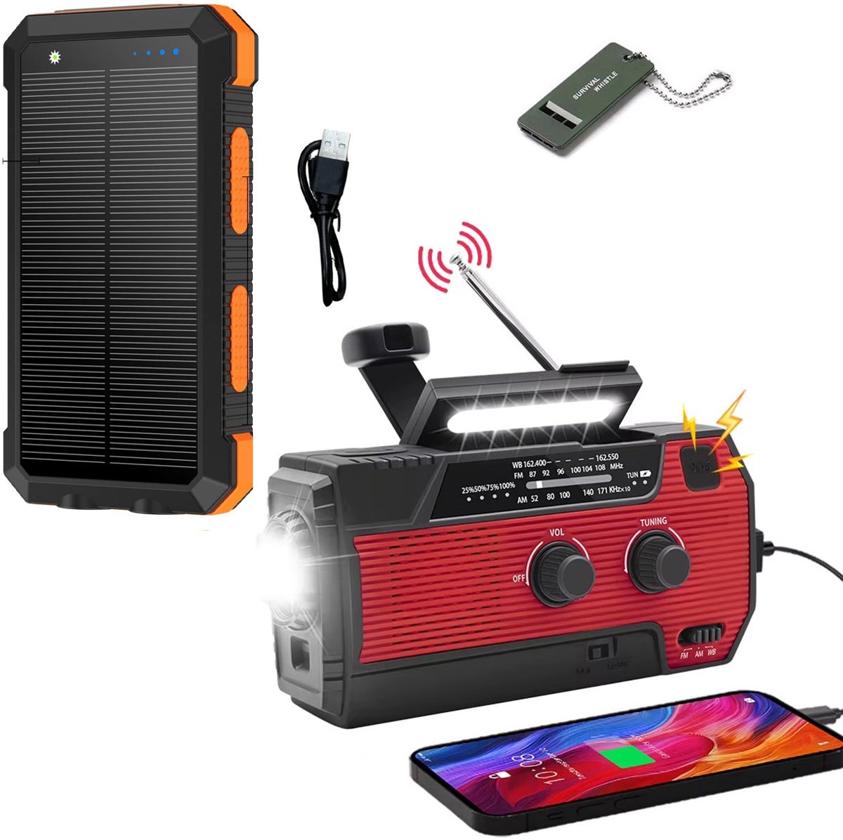 Noodradio Solar Opwindbaar en Batterij - 2026 Editie - Noodpakket - Draagbare Survival Radio - Inclusief 10.000 mAh Solar Powerbank en Noodfluit - Powerbank Zonneenergie - Bouwradio - Zaklamp - Rood
