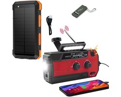Noodradio Solar Opwindbaar en Batterij - 2026 Editie - Noodpakket - Draagbare Survival Radio - Inclusief 10.000 mAh Solar Powerbank en Noodfluit - Powerbank Zonneenergie - Bouwradio - Zaklamp - Rood