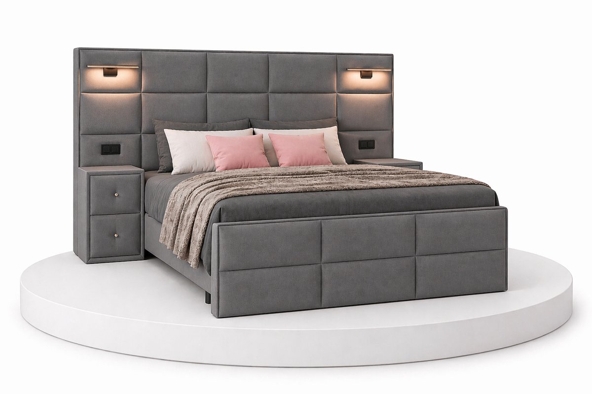 Boxspring Veloura - 160x200 Compleet - Met nachtkastjes - Grijs - Ledjes & Stopcontacten - BalBedden