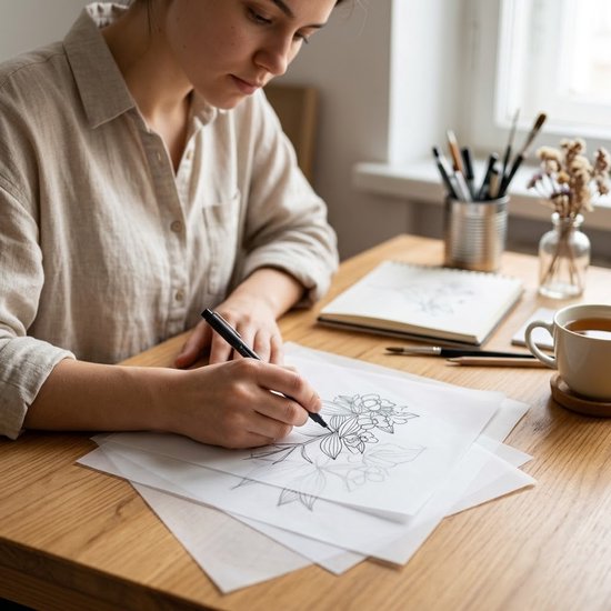 Een vrouw tekent een bloemenmotief op transparant papier met een zwarte pen, zittend aan een houten tafel.