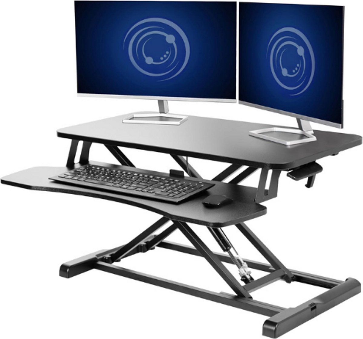 VIVO Sta Bureau Converter 32 Inch - In Hoogte Verstelbare Desk Riser - Dual Monitor En Laptop Werkstation - Met Brede Toetsenbordhouder - Zwart Metalen Ergonomische Bureauverhoger