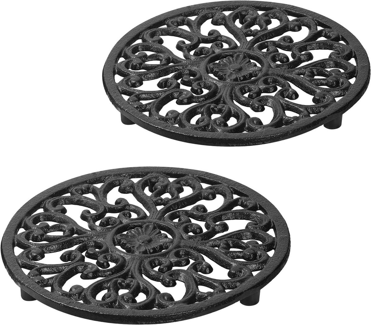 Decoratieve gietijzeren onderzetters voor keukenbladen - 2 stuks, hittebestendig met rubberen pinnen, diameter 17 cm, ideaal voor pannen en glazen.