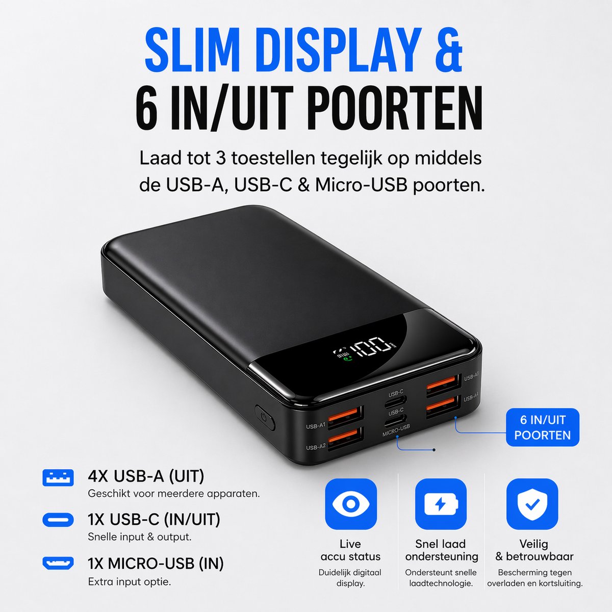 Powerbank 30.000 mAh – Snellader 22.5W – USB-C – Noodpakket - Zaklamp – Telefoon Tablet – 5x Opladen Tegelijk — afbeelding 7