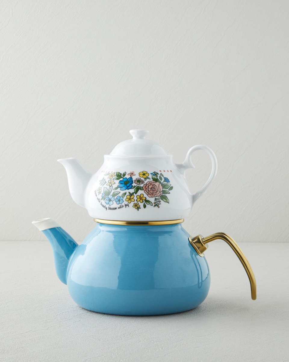 English Home Lively Porseleinen Emaille Theepot Set 0,85L + 2,2L – Blauw – Theepot met Ketel – Vaatwasserbestendig