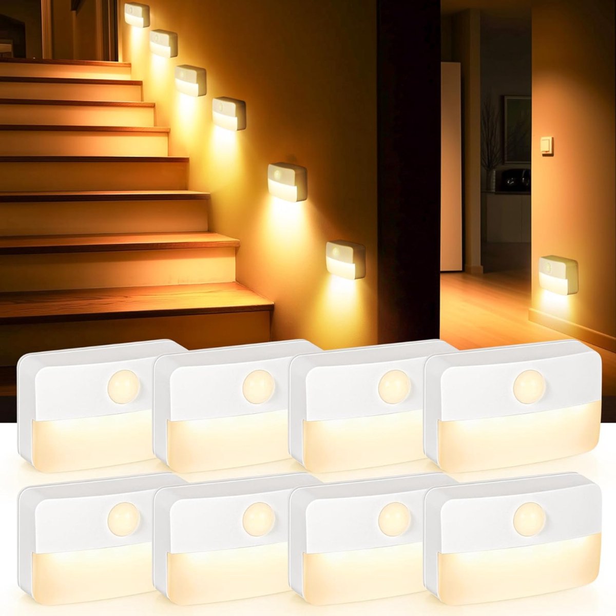 HEZIVO® Wandverlichting met Bewegingsmelder - Draadloze Trapverlichting LED - Nachtlampje - 8 Stuks - Op Batterij