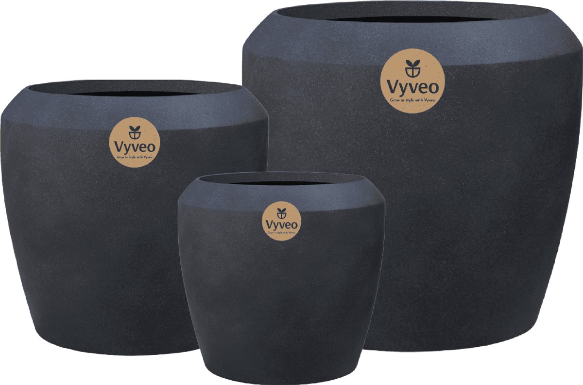 Vyveo - Bloempot Liora - Set van 3 - Zwart - Bloempot voor binnen en buiten - Lichtgewicht - Breukbestendig - Vorstbestendig - UV-bestendig