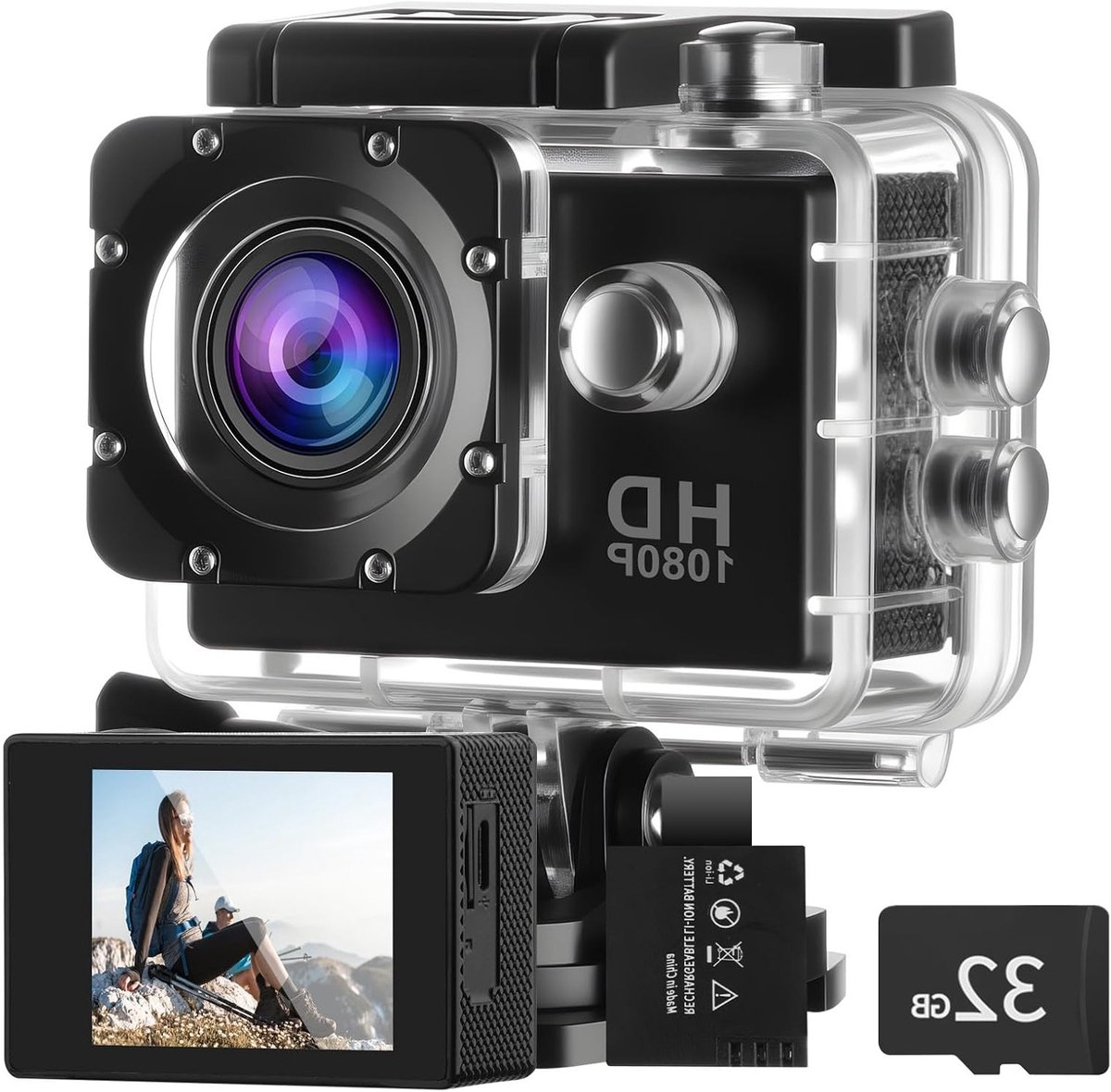 Actiecamera met 32G Kaart, HD 1080P, Onderwatercamera tot 30 Meter, Waterdicht, 140° Ultra Wide Hoek, Inclusief Accessoireset voor Sport en Avontuur