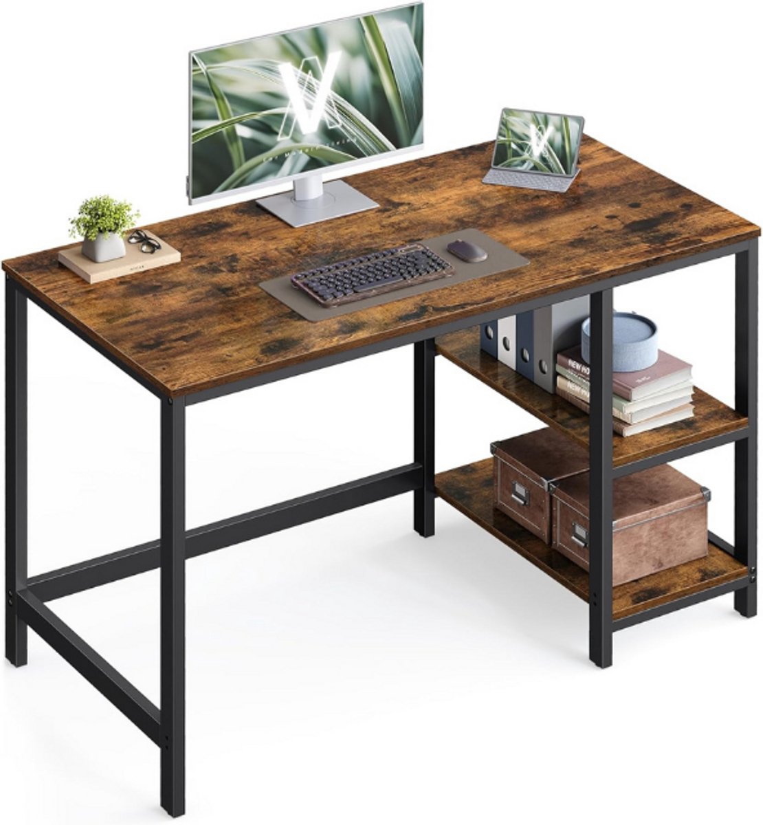 Vasagle Bureau, computertafel, pc-tafel, bureautafel, 120 x 60 x 76 cm, met 2 planken rechts of links, 120 x 60 x 75 cm, voor kantoor, woonkamer, stalen frame, vintage bruin-zwart