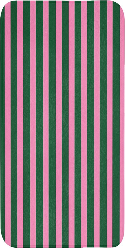 Vue complète d'un tapis de bain avec un motif à rayures verticales vertes et roses.