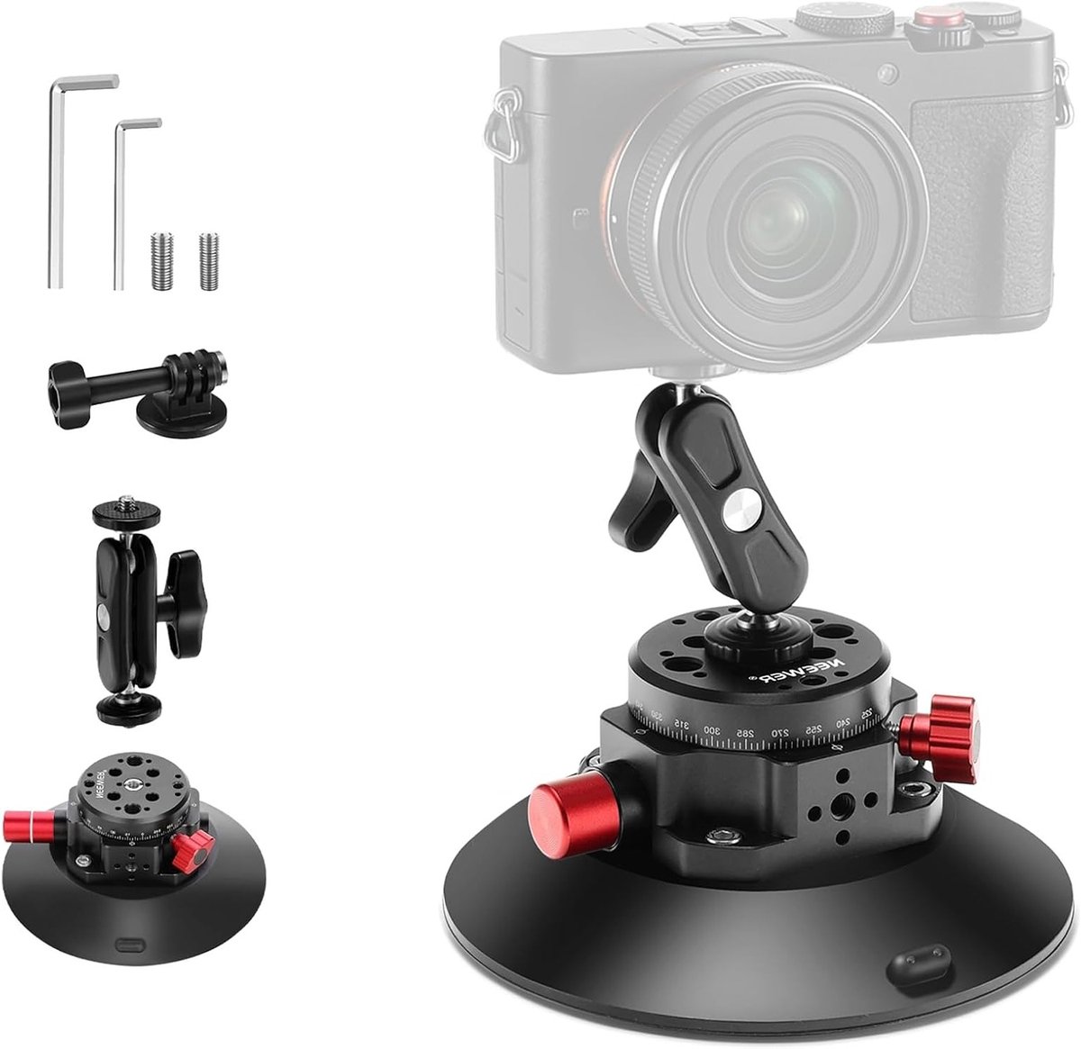 6 Inch Zuignap Camera Houder met Balhoofd Magic Arm, 2 Stuks Metaal Auto Houder voor Camera, Actiecamera en Telefoon, Luchtpomp Vacuüm voor Auto of Raam met 1/4" en 3/8" ARRI Bevestigingsgaten