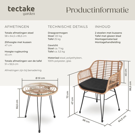 Afmetingen en details van de 3-delige rotan tuinset met stoelen met zwarte kussens en glazen tafel.