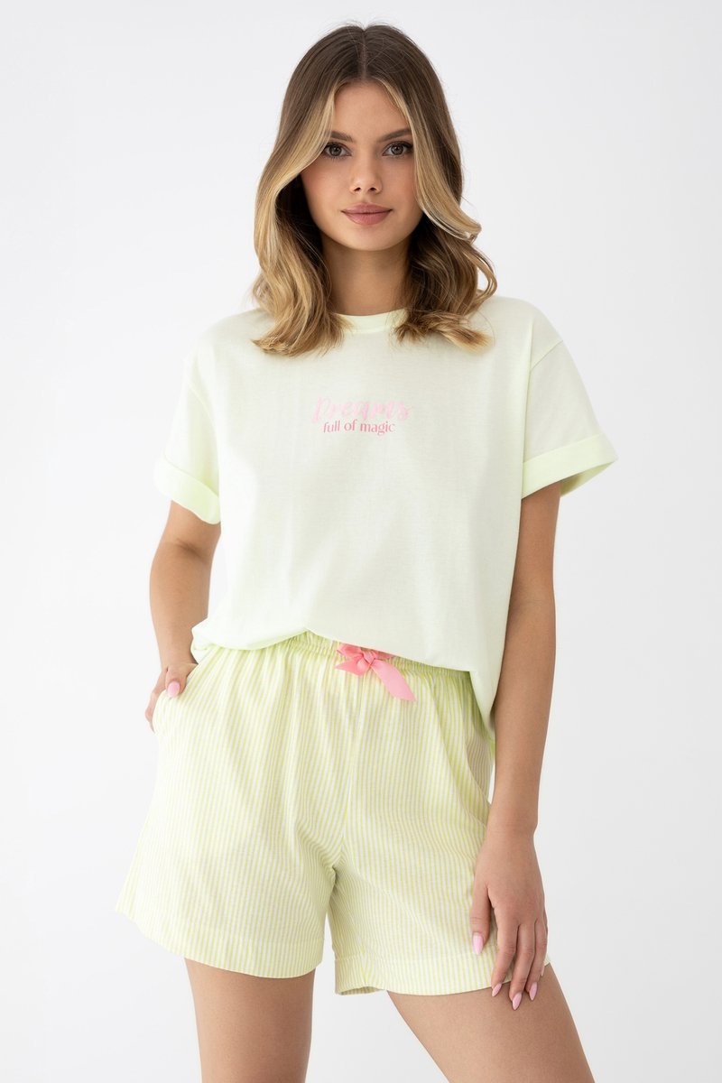 S& Sensis Sensis Katoenen Shortama Pyjama Dames Print Strikje Gestreepte Short Limoen Groen SAVANNA 40 /