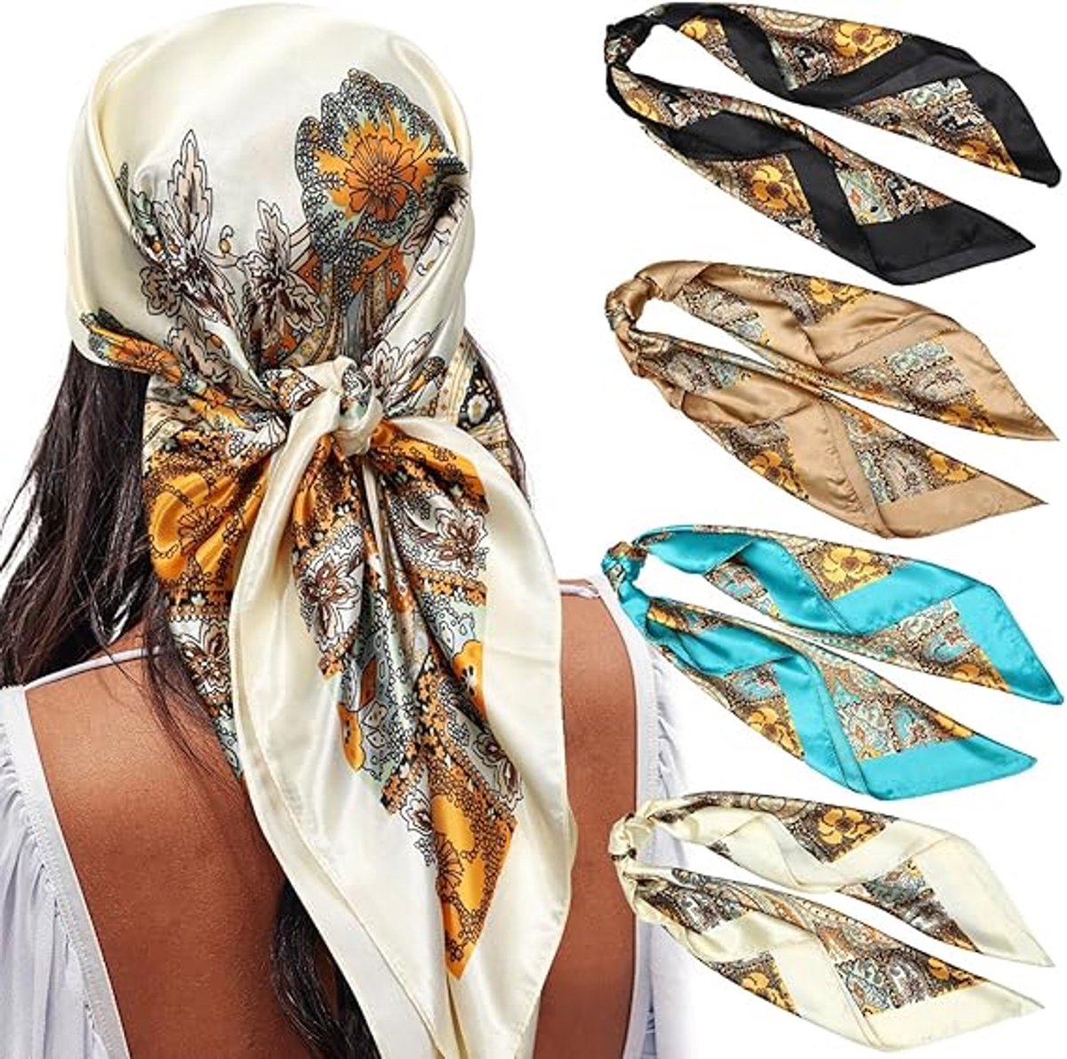 4 Stuks Dames Sjaal - Sjaals - 90×90cm - Dames Hoofddoek - Elegant Stijlvol Dames haar sjaal - Sjaal vierkant zijde feeling - Hoofdsjaal voor vrouwen - Stola - Vierkante doek - Satijn zijde - Hals sjaaltje - Dames Halsdoek - Wit, Zwart, Blauw, Bruin