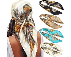 4 Stuks Dames Sjaal - Sjaals - 90×90cm - Dames Hoofddoek - Elegant Stijlvol Dames haar sjaal - Sjaal vierkant zijde feeling - Hoofdsjaal voor vrouwen - Stola - Vierkante doek - Satijn zijde - Hals sjaaltje - Dames Halsdoek - Wit, Zwart, Blauw, Bruin
