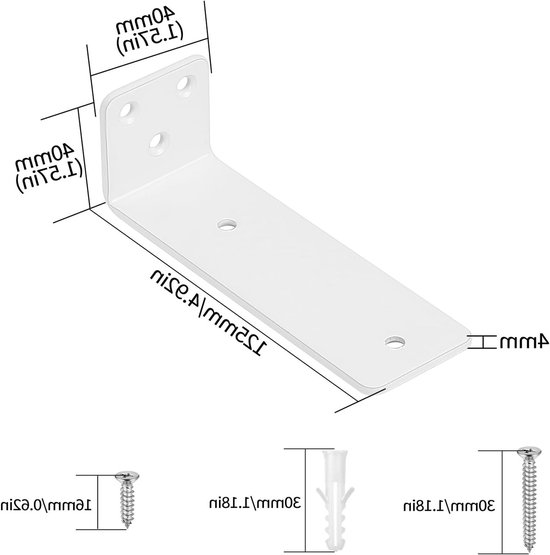 Set van 4 Wandplanksteunen 125mm - Stevige Hoeksteun voor Planken, L-vormige Rekken en Wandmontage — afbeelding 5