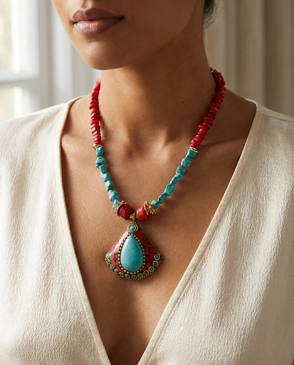 Dorvina Natuurlijk Steen Sieraad Rood Mercan en Tukuaz Steen Seramik Ketting Uclu Bohem Dames Kolyesi