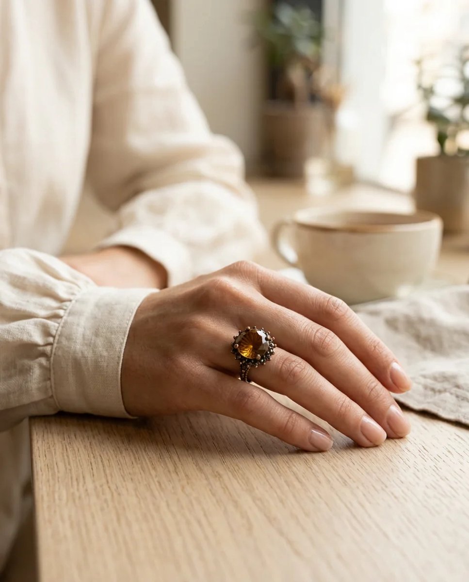Dorvina Vintage Dames Ring Bronzen Authentiek Sieraad Yag Yesili Kristallen Steen Rond Kesim Kroon Model Verstelbaar