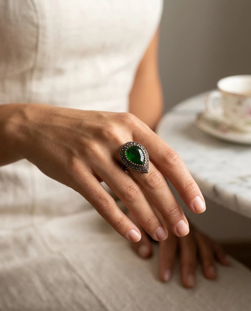 Dorvina Bronzen Dames Antiek Sieraad Ring Groen Kristallen Steen Hurrem Model Verstelbaar Vintage Ring