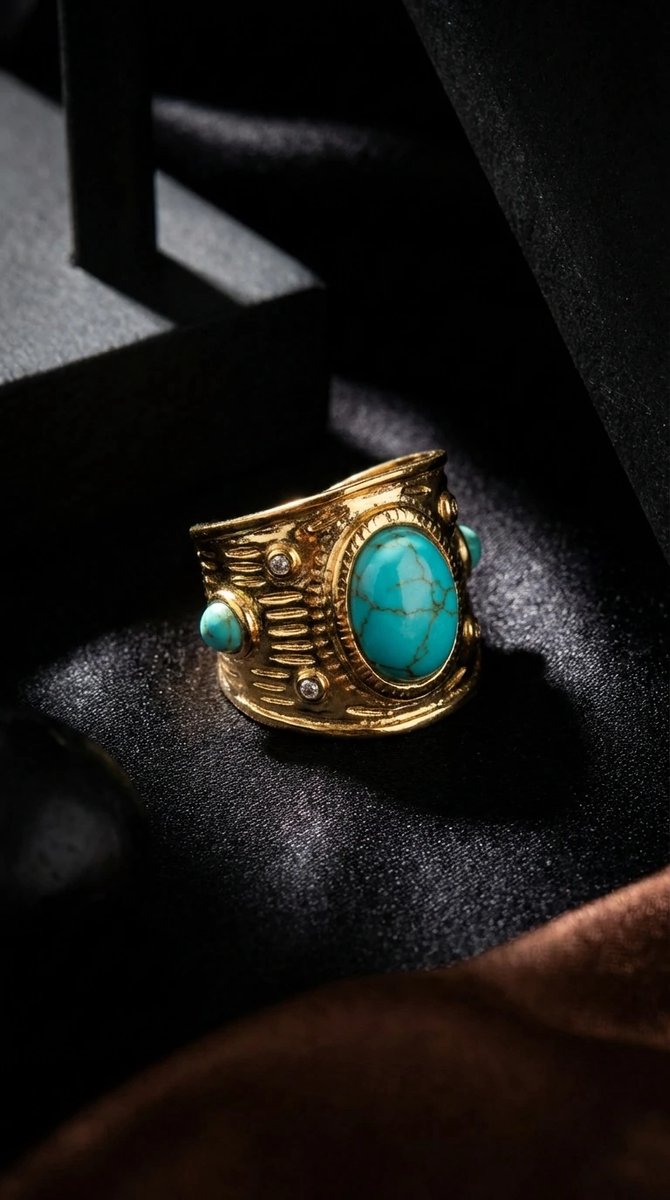 Dorvina 316L Staal Verkleurt Niet Sieraad Goudkleurig Turkoois Detail Antiek Design Verstelbaar Dames Ring