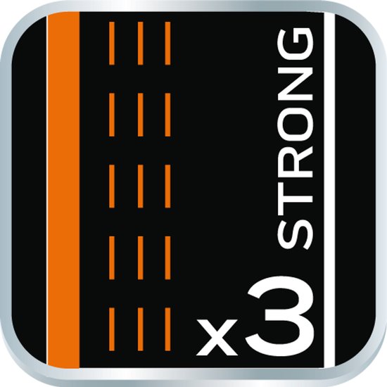 Icon: 3x Strong met verticale oranje streep en stippellijn.