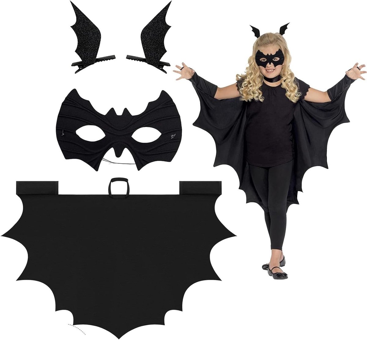Halloween vleermuis kostuum voor kinderen met vleermuismasker en haarspeldjes - 3-delige set voor Halloween en verkleedpartijen