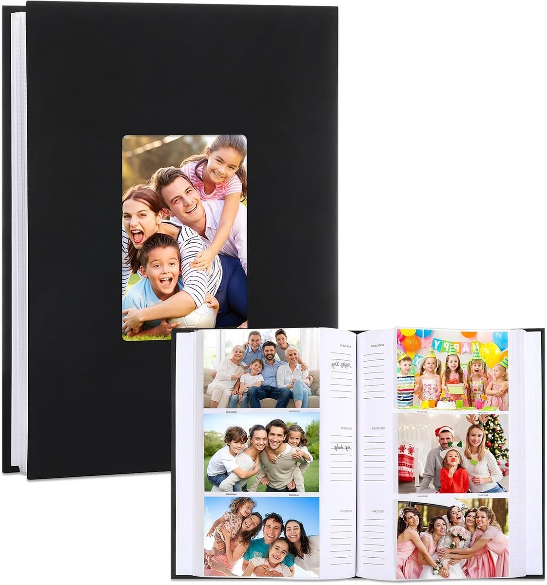 Groot Fotoalbum voor 300 Foto's met Schrijfruimte, Geschikt voor Familie, Baby, Trouwen en Reizen, Zwart Linnen met Voorraam