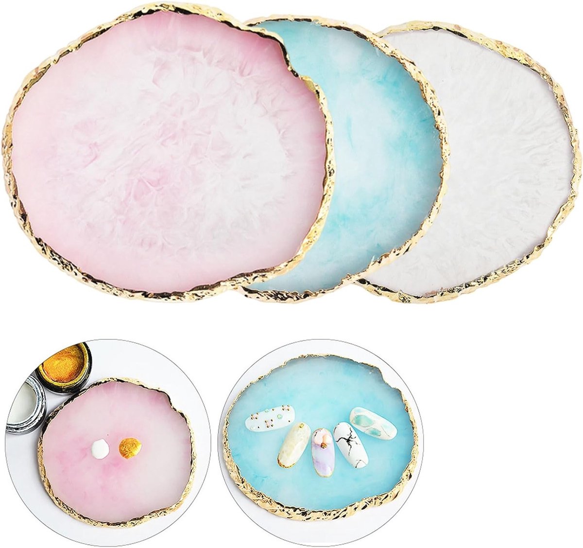 Set van 3 Resin Nagel Ontwerp Paletten met Kleurmix en Gouden Rand - Perfect voor Gel Nagellak en Make-up Presentatie
