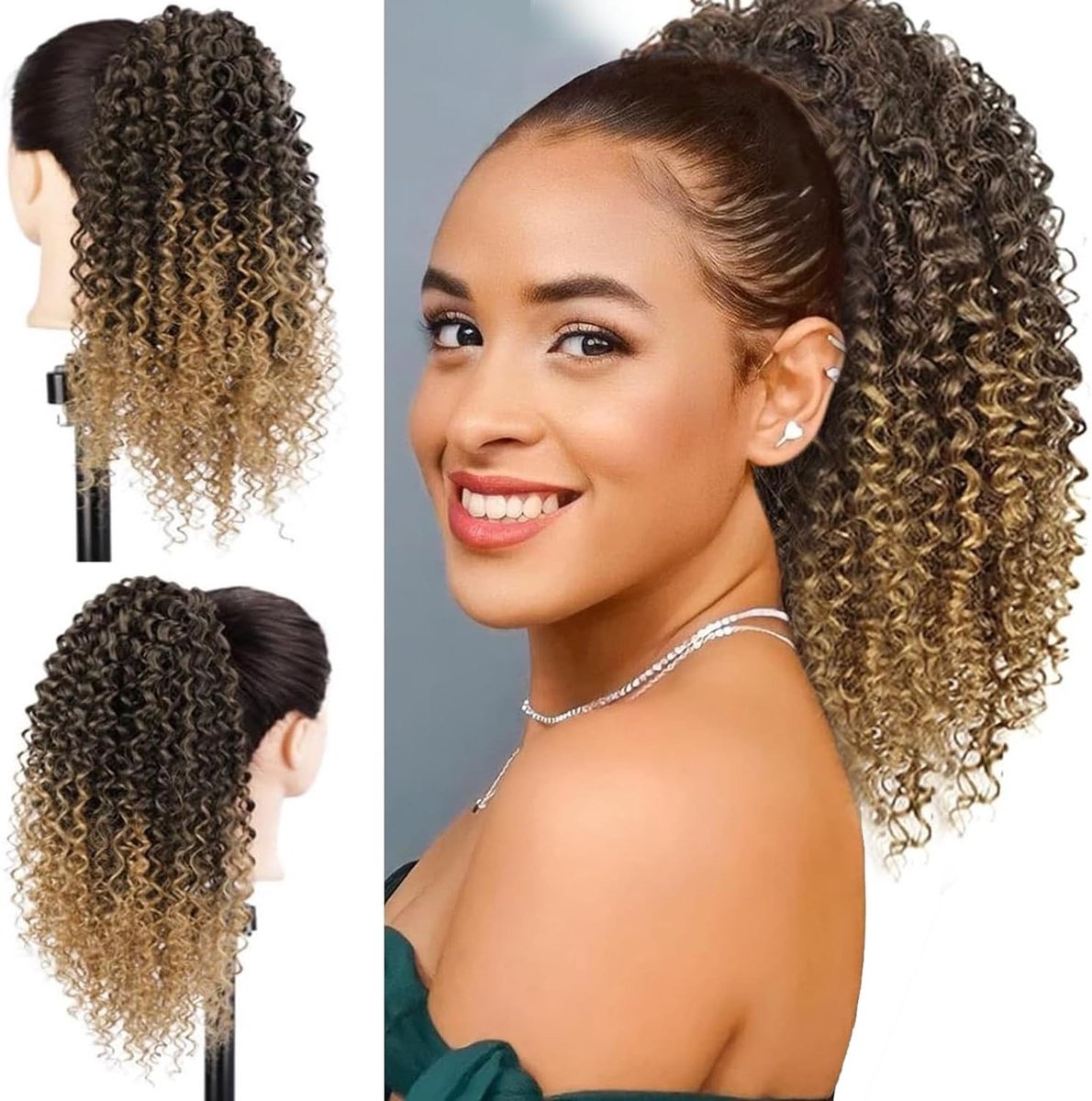Ponytail Extension Braid Haarstuk met Krullen en Trekkoord - Lang Natuurlijke Synthetische Haarmix in Zwart en Blond voor Afro Kinky Krullen