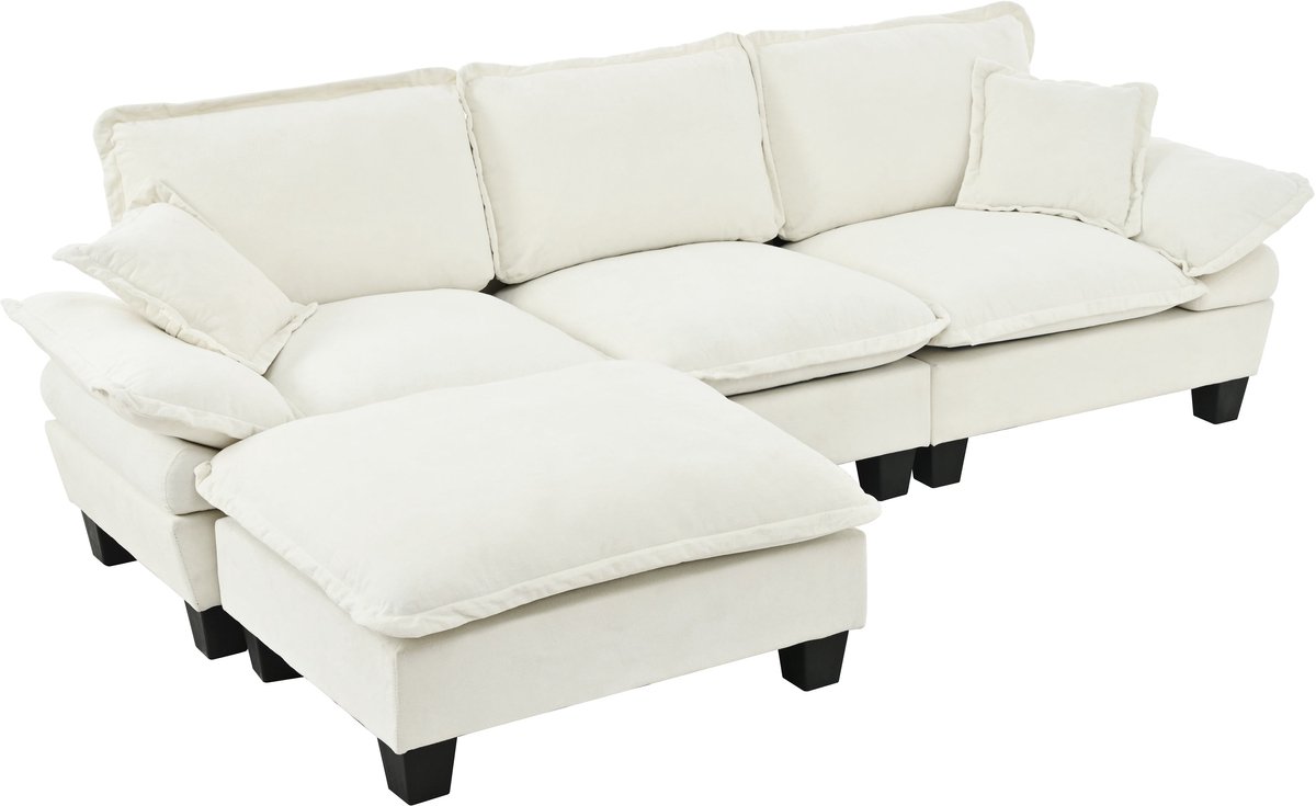 Merax Hoekbank 4-Zits - Modulaire L-Vormige Bank Met Ottoman - Chenille Beige Sofa Met Kussens - Comfortabele Hoekbank Voor Woonkamer Appartement