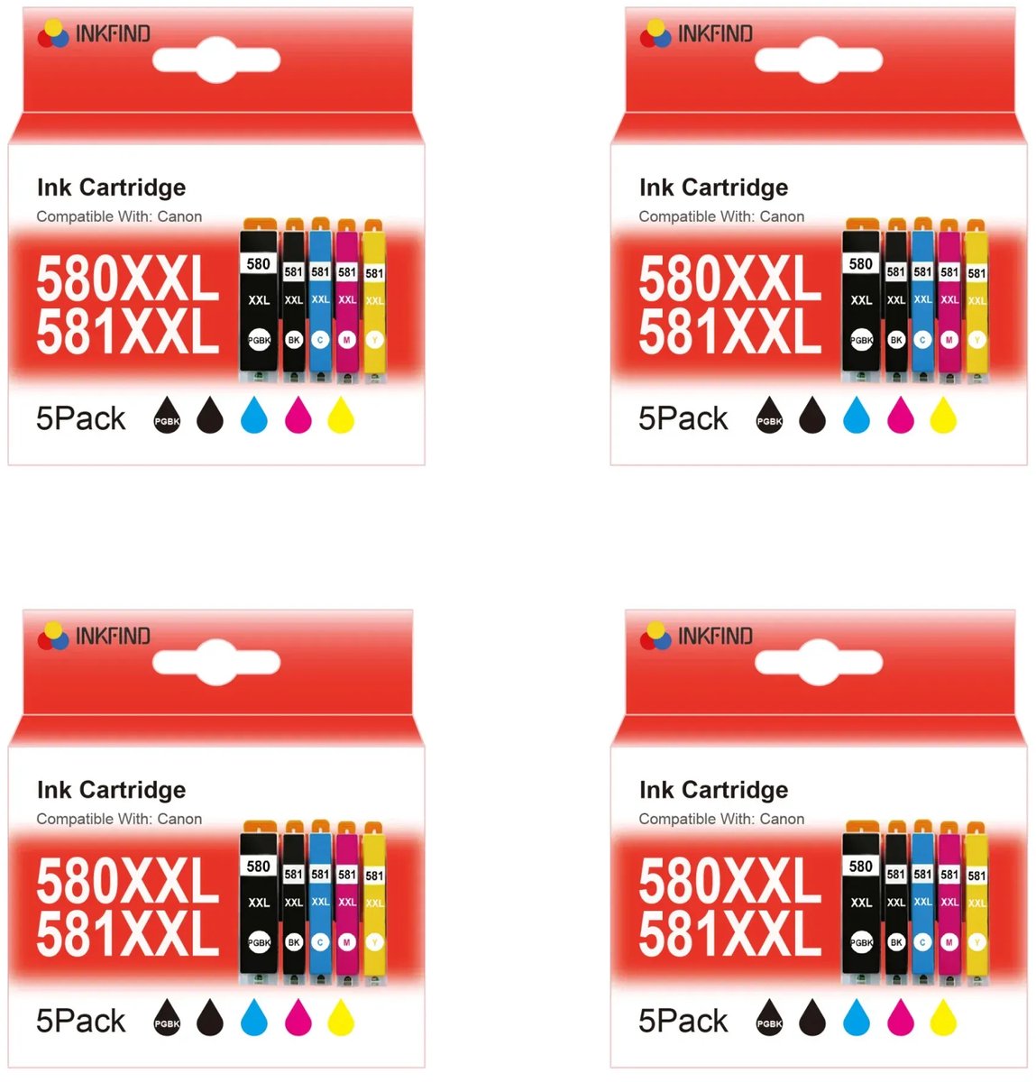 INKFIND 580XXL 581XXL voor Canon580 Canon581 PGI580 CLI581 inktcartridge van 20 stuks (4 x 5pack= 4 x Zwart, 4 x Photo Zwart, 4 x Cyaan, 4 x Magenta, 4 x Geel) voor Canon PIXMA TS705 TR7550 TR8550 TS6150 6151 TS6250 6251