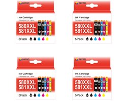 INKFIND 580XXL 581XXL voor Canon580 Canon581 PGI580 CLI581 inktcartridge van 20 stuks (4 x 5pack= 4 x Zwart, 4 x Photo Zwart, 4 x Cyaan, 4 x Magenta, 4 x Geel) voor Canon PIXMA TS705 TR7550 TR8550 TS6150 6151 TS6250 6251