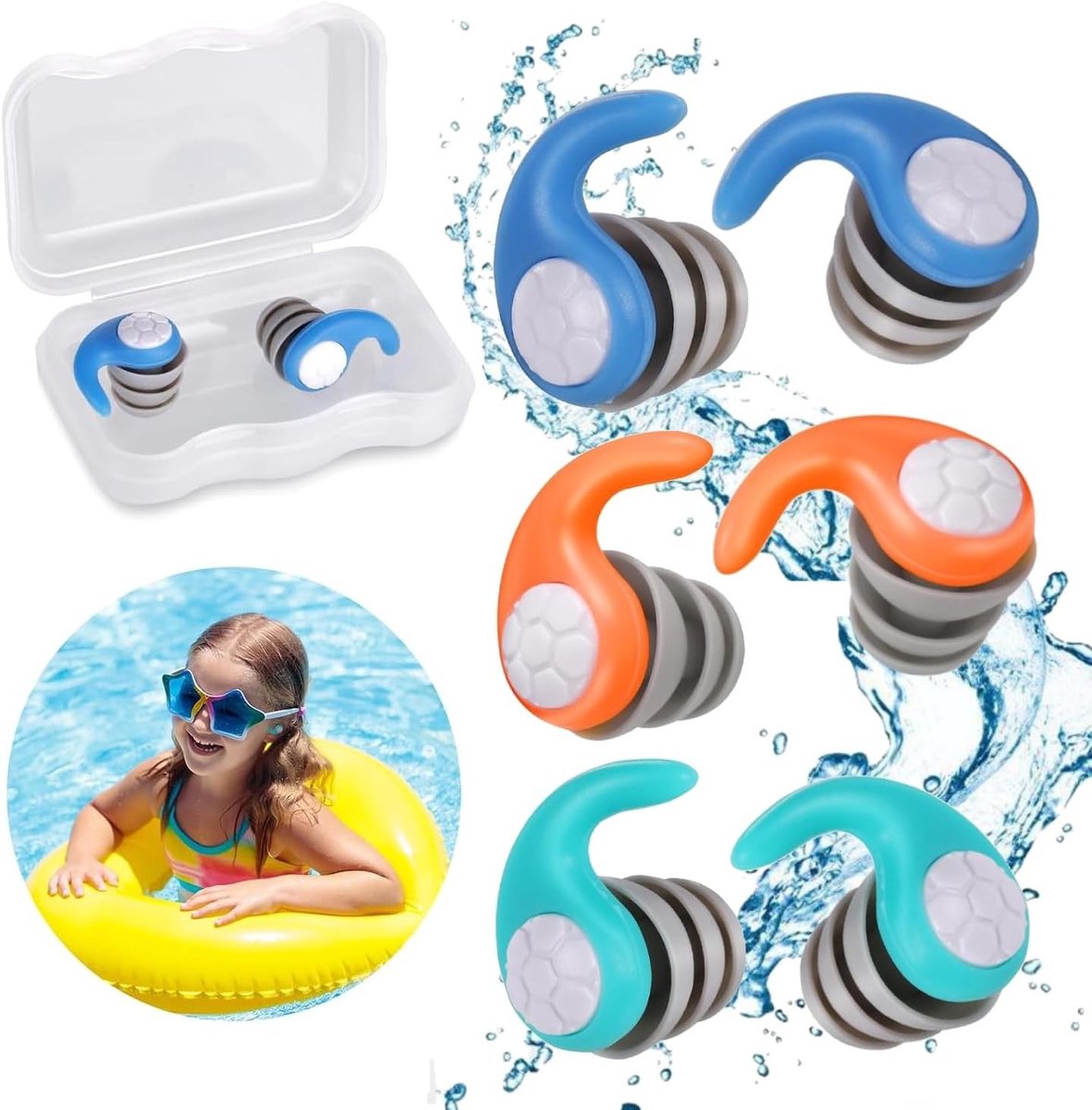 Zachte silicone oordoppen voor kinderen, 3 paar herbruikbaar en waterproof, gehoorbescherming voor zwemmen en douchen, geschikt voor 4-12 jaar