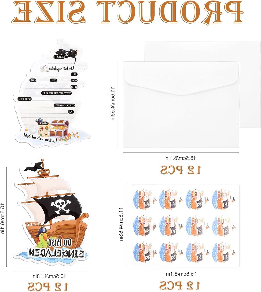 Piratenuitnodigingskaarten set van 12 stuks met enveloppen en stickers voor kinderfeest, piratenfeest en verjaardagsuitnodiging