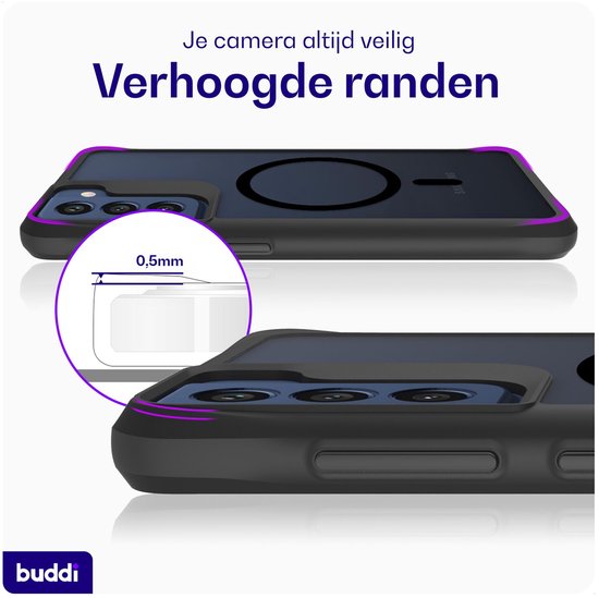 Donkerblauwe Samsung S21 FE met zwart hoesje, close-up van verhoogde randen rond camera en scherm.