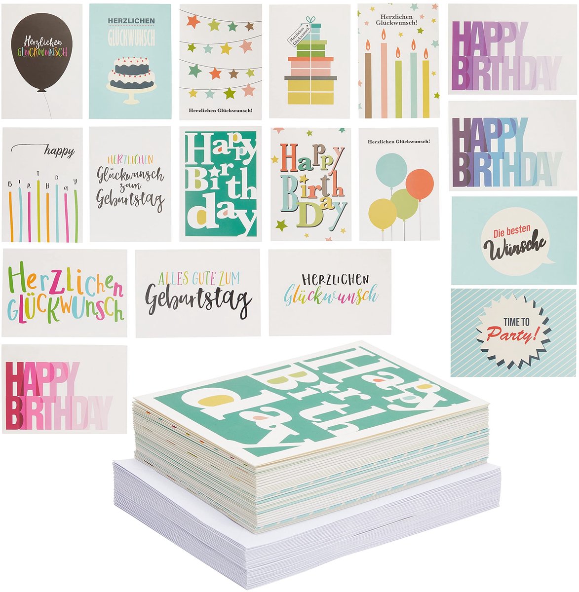 Dailygoods Verjaardagskaarten Set van 36 stuks Inclusief enveloppen A6-formaat Geïllustreerde motieven Voor elke verjaardag