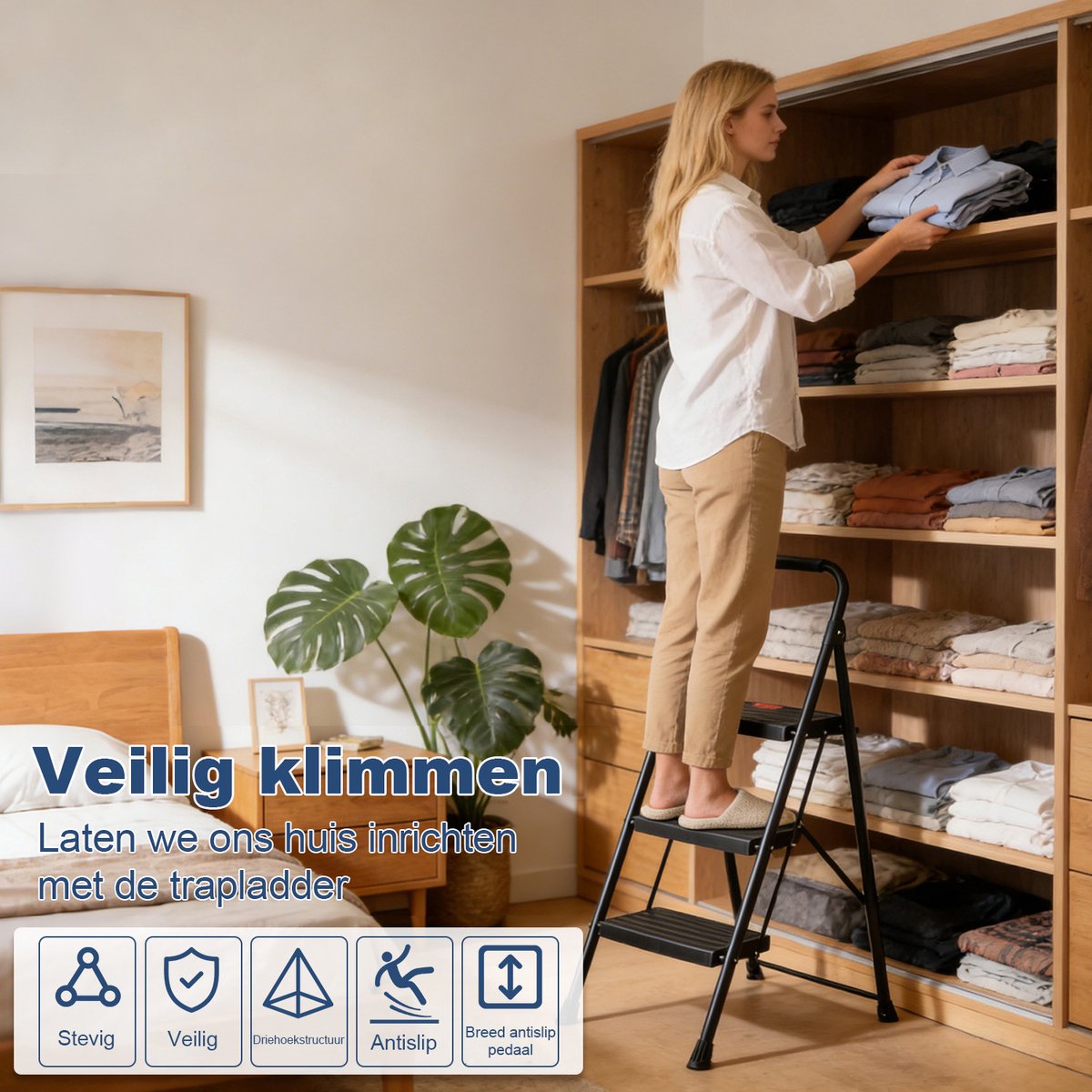 Opvouwbare Huishoudladder 3 Treden – Antislip Metalen Trapladder met Stevige Structuur – Compact en Draagbaar – foto 5
