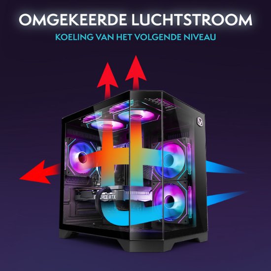Gaming PC met glazen behuizing, waarin de luchtstroom van binnen naar buiten wordt getoond.