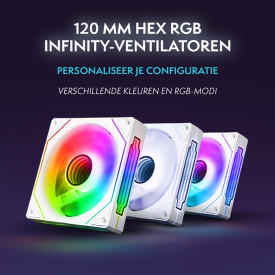Drie 120 MM Hex RGB ventilatoren met witte frames in verschillende kleuren.