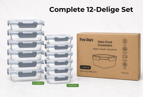 Five Stars® Boîtes de conservation en verre - 12 pièces - Boîtes de préparation de repas - Boîtes de congélation hermétiques - Avec couvercle - 1040 ml & 370 ml