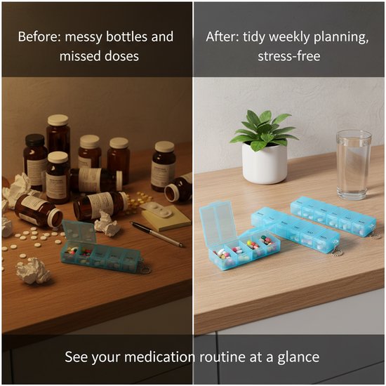 Voor- en na-foto van medicijnorganisatie. Links: rommelige pillenflessen en pillen. Rechts: nette lichtblauwe pillendozen met pillen, naast een plant.