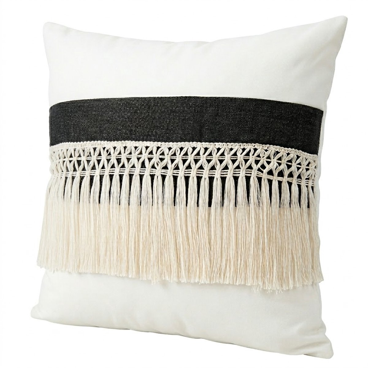NUVEX Zwart wit kussen hoesje 45 x 45 cm vierkant polyester kussenhoezen met franjes en geweven patroon sierkussen hoes decoratief voor bank en stoel geschikt voor dames en heren