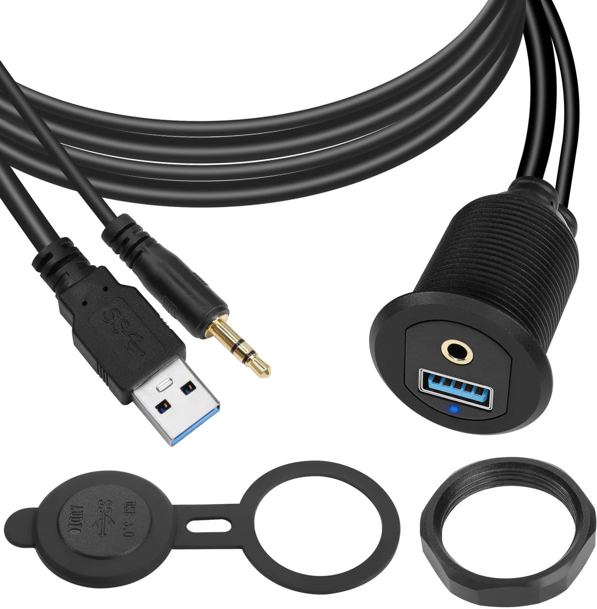 USB 3.0 & 3.5mm Audio Waterproof Kabel - 2 Meter Dashboard Mount